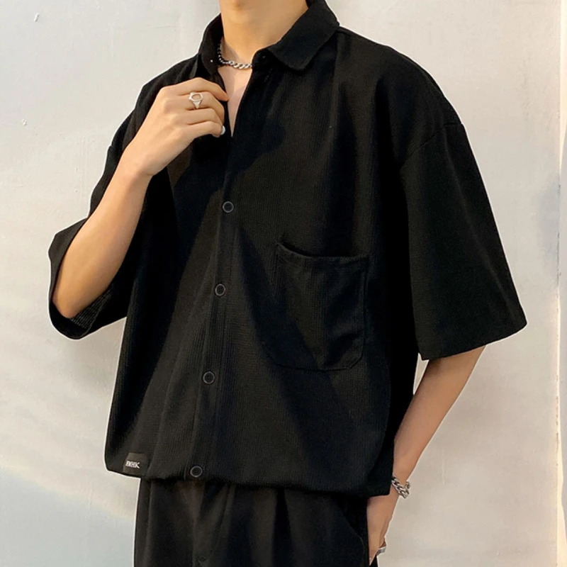 

M-3XL Shirts Men High Street Vintage Pocket Design All-match Half Sleeve Tops Basic Ins Males Handsome Clothing Harajuku Office