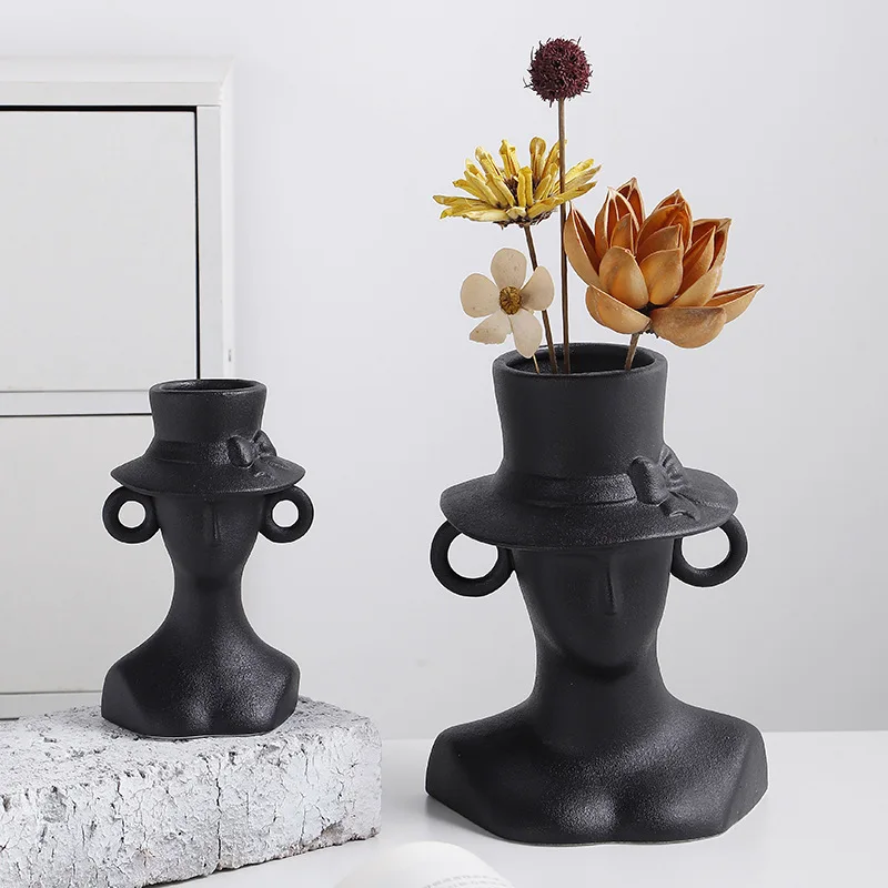 

2pcs Black Human Head Vase Ceramic Figure Sculpture Decoration Candle Holder Living Room Dining Room Flower Arrangement Vase New