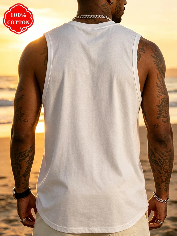 100% cotton sleeveless vest minimalist palm tree print loose fit suitable for daily street wear, summer round-neck vest-T97