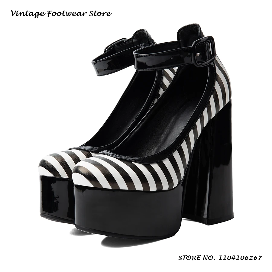 Striped Platform Mary Jane Shoes Gothic Round Toe Block Heel Thick Sole Party Shoes Women's Punk Style Cosplay High Heel Pumps