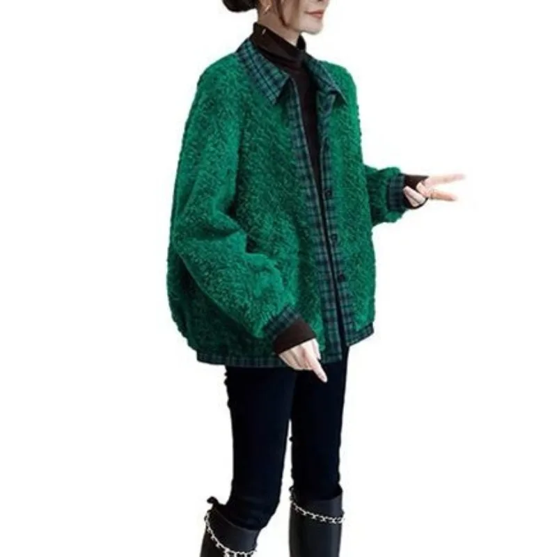 Women's Polo Collar 2023 Autumn and Winter New Fashion Solid Color Patchwork Plaid Button Wool Liner Long Sleeve Cardigan Coat