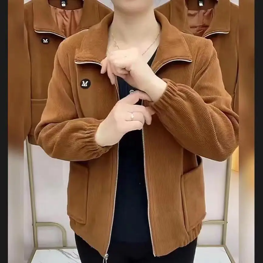 Casual Long Sleeve Corduroy Jacket for Mom Loose Fit Pure Color Style Spring Autumn New Arrival Women's Cotton Coat Zipper Cl...