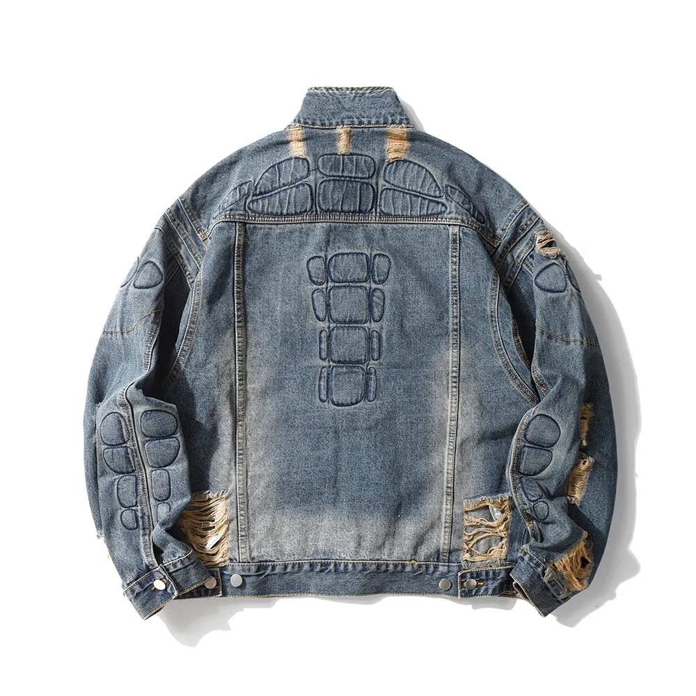 Men's Fashion High Street Ripped Biker Jeans Jacket Loose Fit Motorcycle Rider Denim Coat With Holes Washed Distressed Outerwear