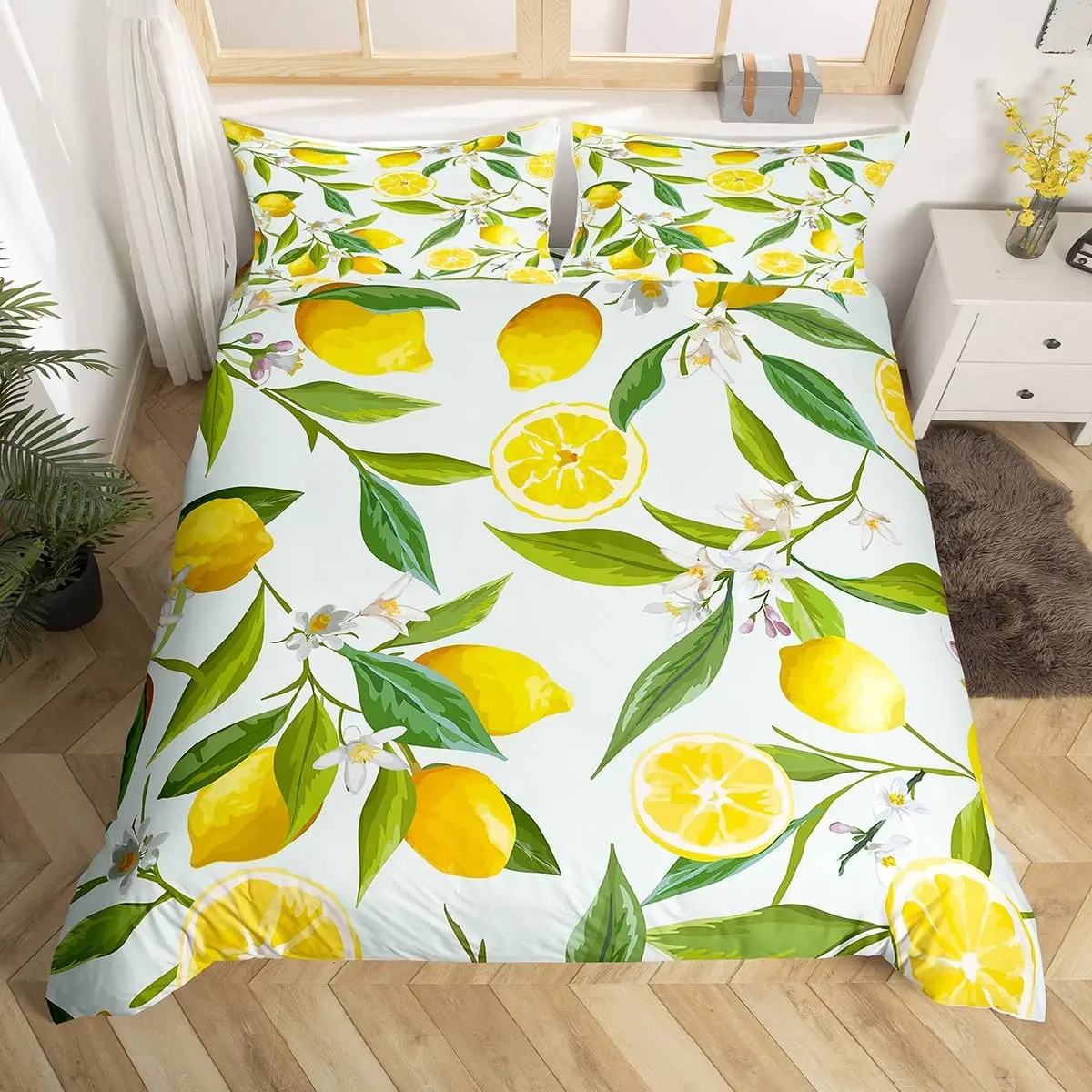 Nature Bedspread, Lemon Tree Branches Gardening Design, Decorative Quilted 3 Piece Coverlet Set with 2 Pillow Shams, Full Size