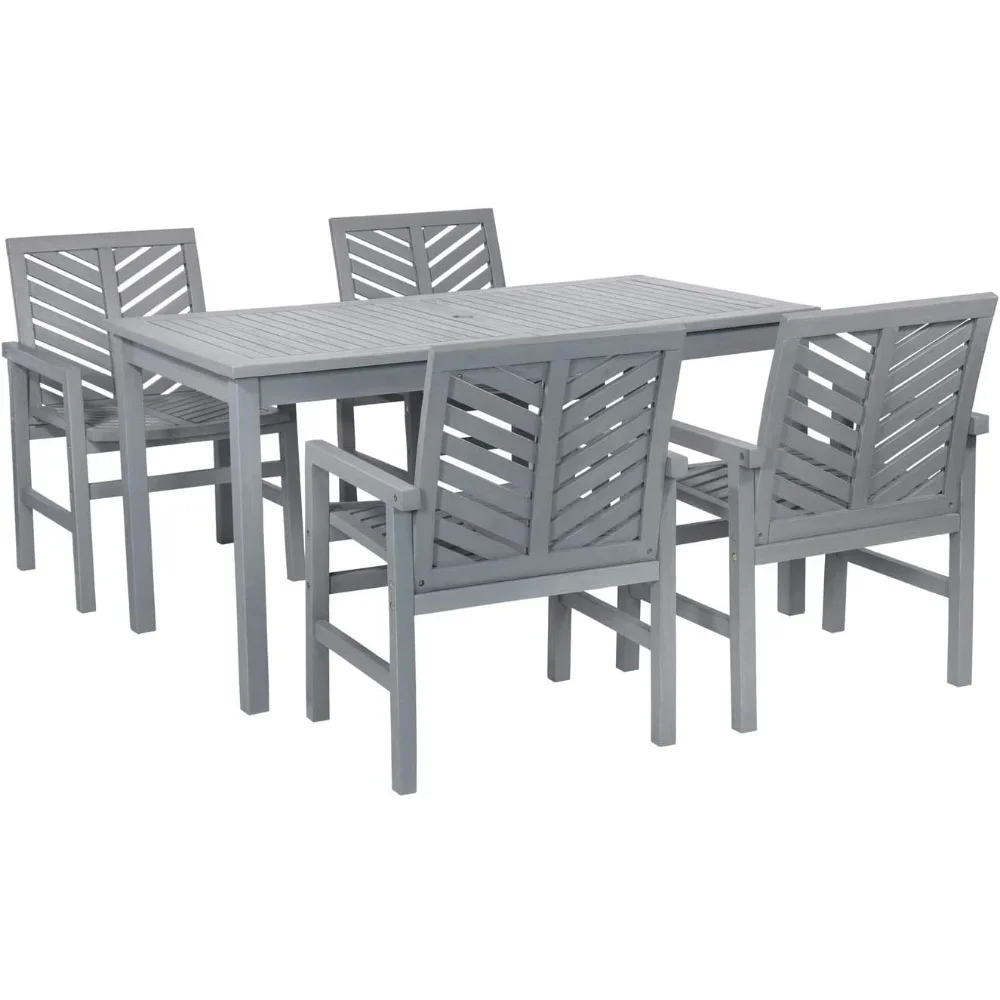 

4 Person Outdoor Wood Chevron Patio Furniture Dining Set Table Chairs All Weather Backyard Conversation Garden Poolside Balcony