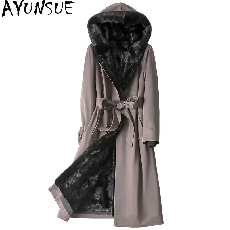 

AYUNSUE Long Mink Liner Hooded Fur Jacket Women Belt Mink Fur Jacket Women Clothes Fashion Korean Fur Coats Roupas Femininas Zm