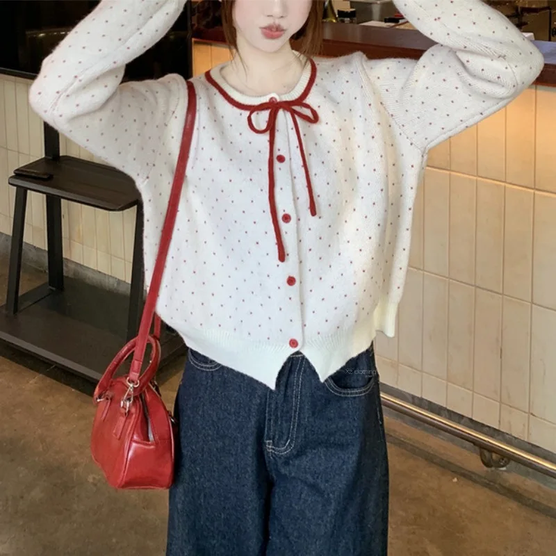 Autumn Winter Clothes Woman Sweaters Sweet Bows Polka Dot Warm Cardigans Korean Fashion Retro Chic Sueter Mujer