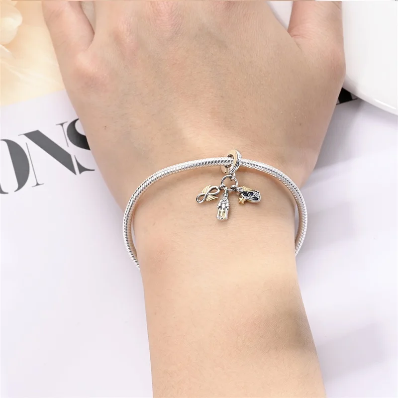 925 Sterling Silver Virgin Mary Deep Blue Golden Goddess Beautiful Blessing Charms Beads 3mm DIY Fine Jewelry Making