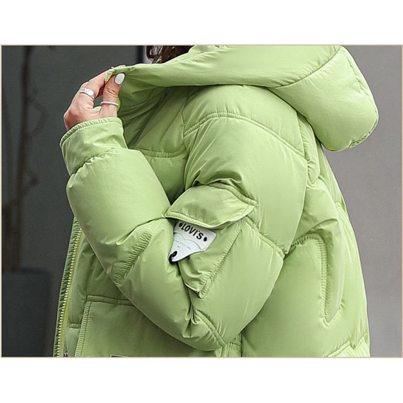 Parka feminina com capuz com bolso solto, jaqueta de algodão, sobretudo feminino, roupa de pão grosso, casacos quentes, moda inverno, novo, 2024