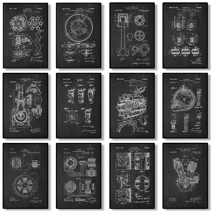 Engine motor technician blueprint retro mechanical enthusiast wall art decoration living room home decoration canvas picture