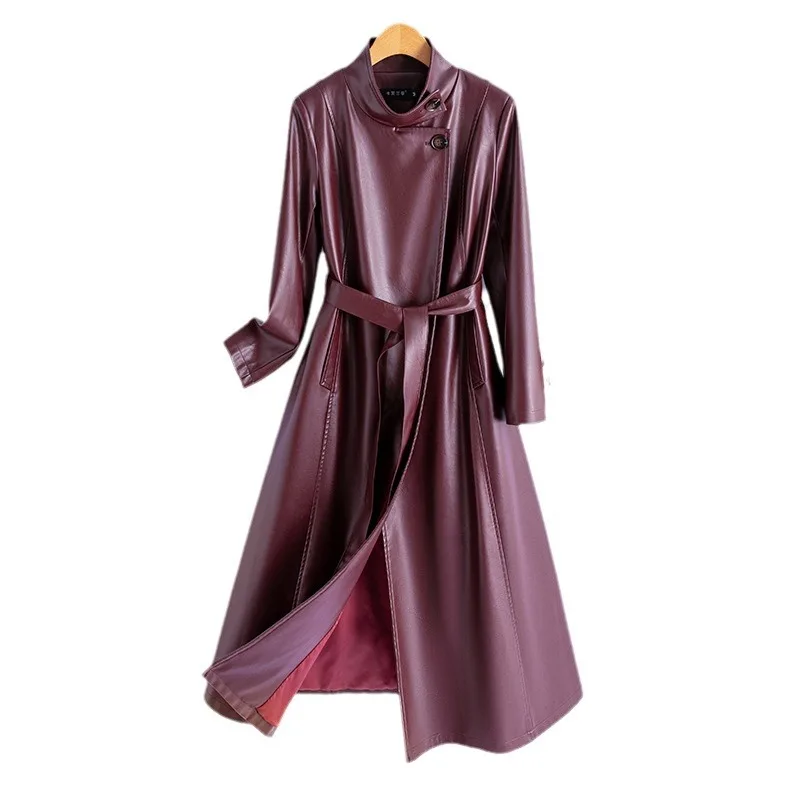 High end leather jacket with a waistband temperament long windbreaker for women new high-quality fashion PU jacket
