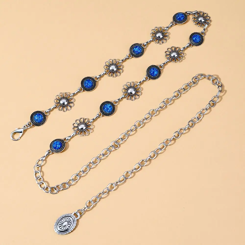 Folk-custom Blue Gemstone Waist Chain Hollow All-match Metal Waist Chain Thin Belts Trendy Blue Gemstone Waistband Ladies/Girls