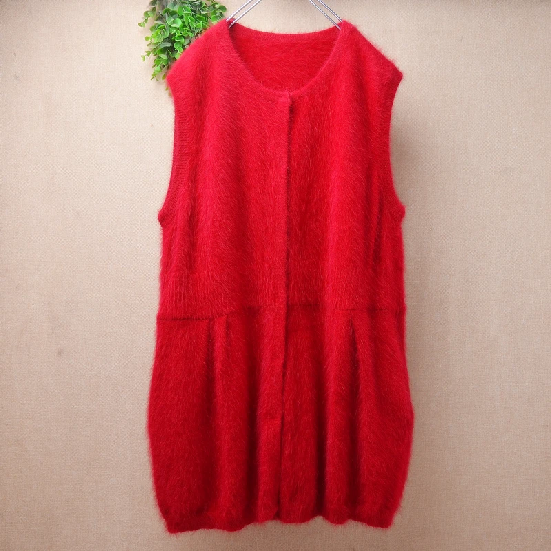 

Ladies Women Fall Winter Fashion Christmas Red Hairy Angora Rabbit Hair Sleeveless Medium Long Sweater Jacket Vest Gilet Pull