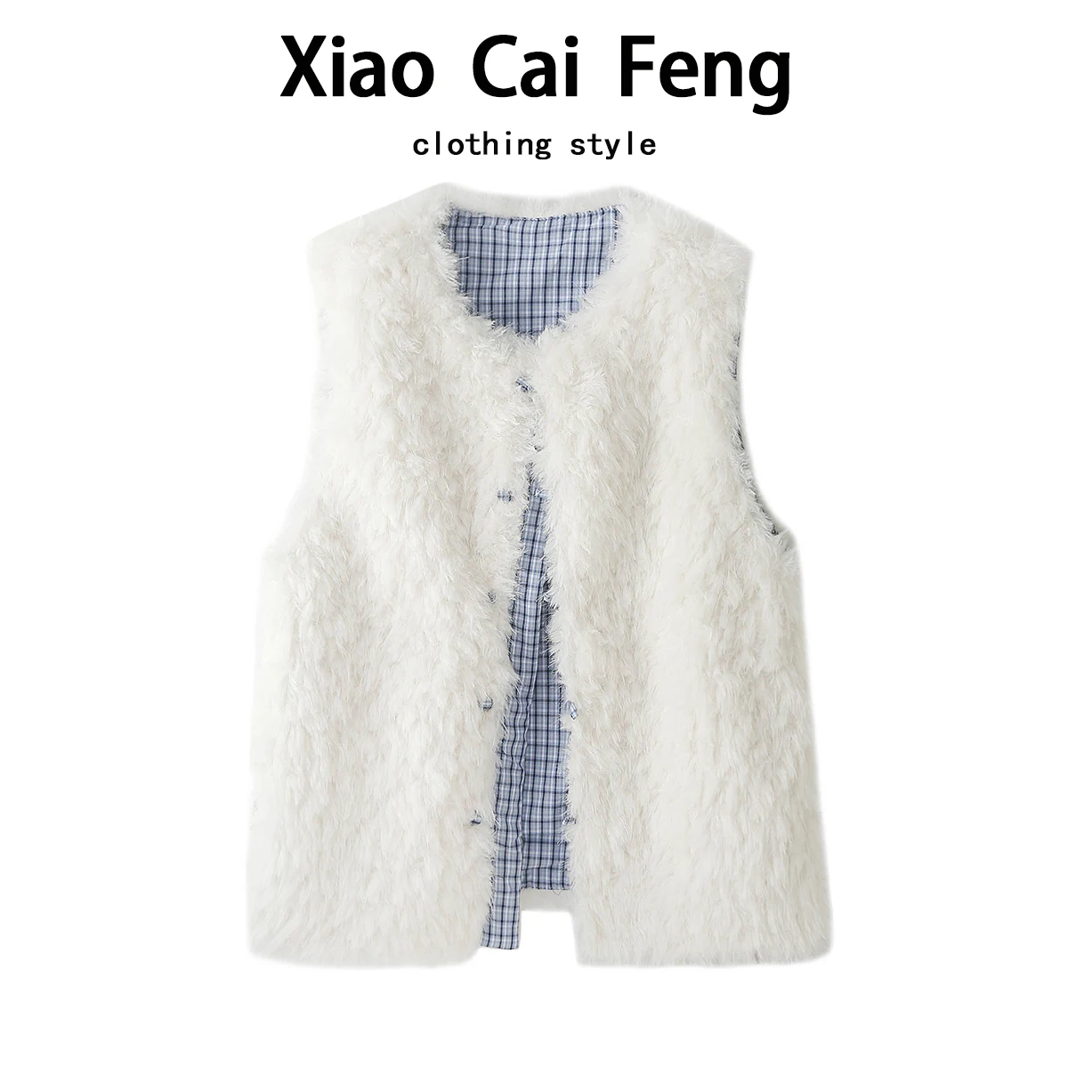 

Women's Double-Sided Wear Blue Plaid Lamb Velvet Vest Winter High-End Warmth Outerwear Svel Jaet Coat