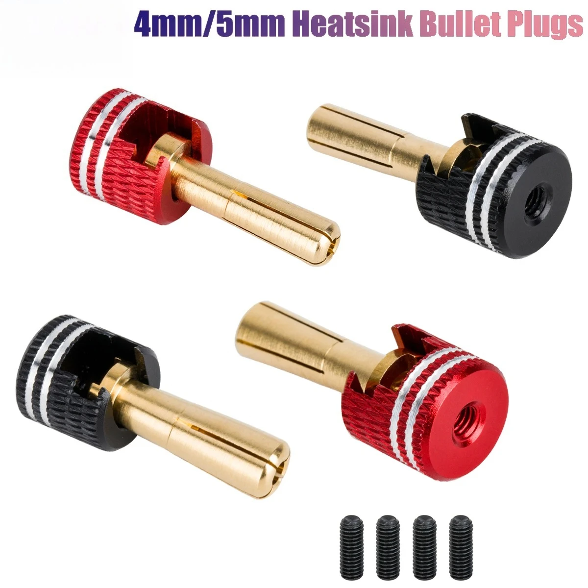 LowPro Bullet Plugs, Welding-Free Hard Shell Metal Heatsink, 4mm/5mm Set for RC Cars