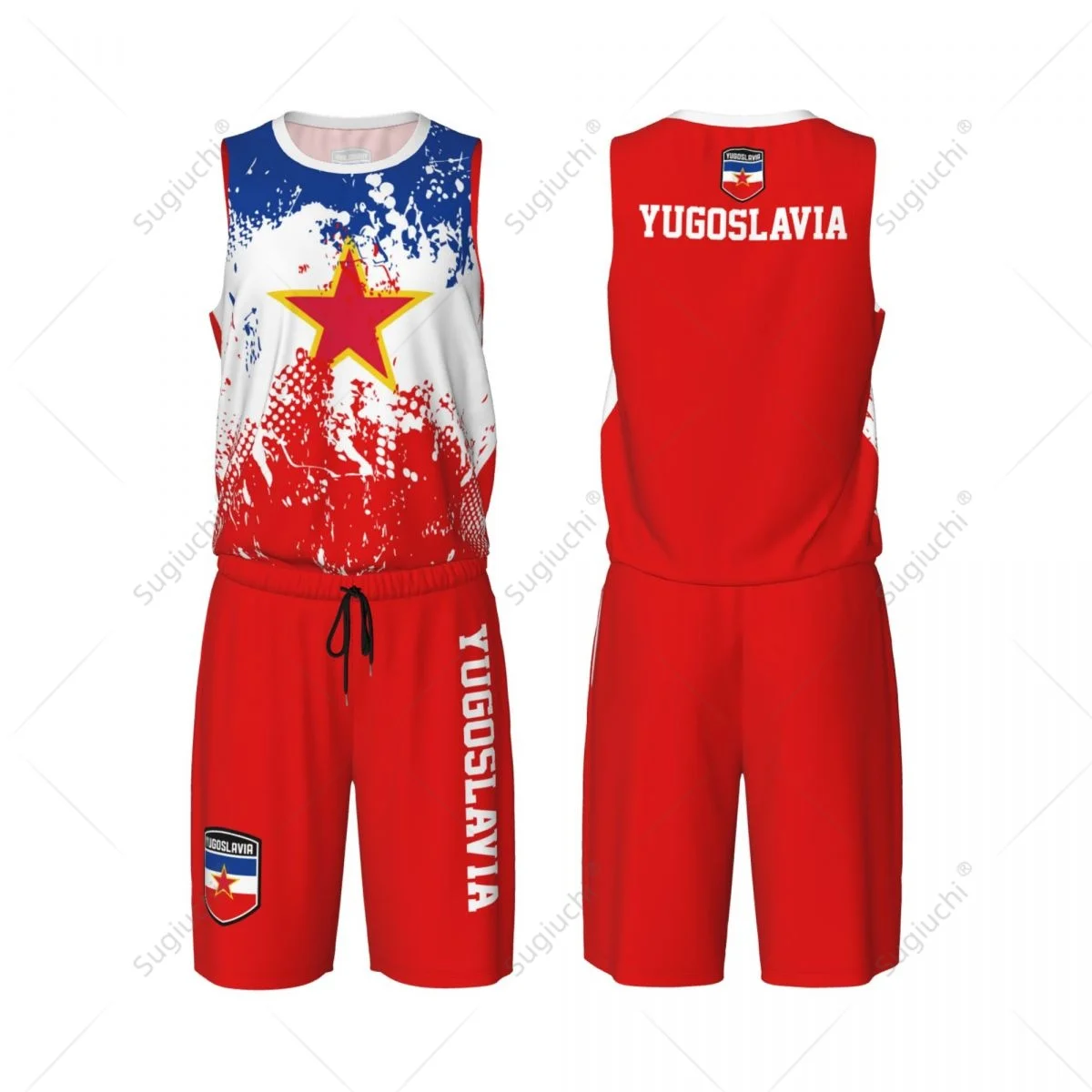 Yugoslavia Flag Grain Men Basketball Set Shirt & Pants Sleeveless