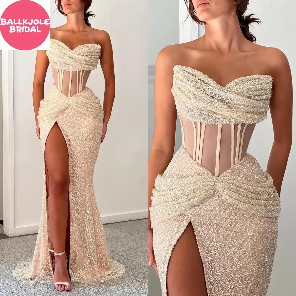 Sexy Champagne Mermaid Prom Dresses Illusion Bone Bodice Strapless Sequins Evening Pleats Split Formal Long Special Ocn Party Dr