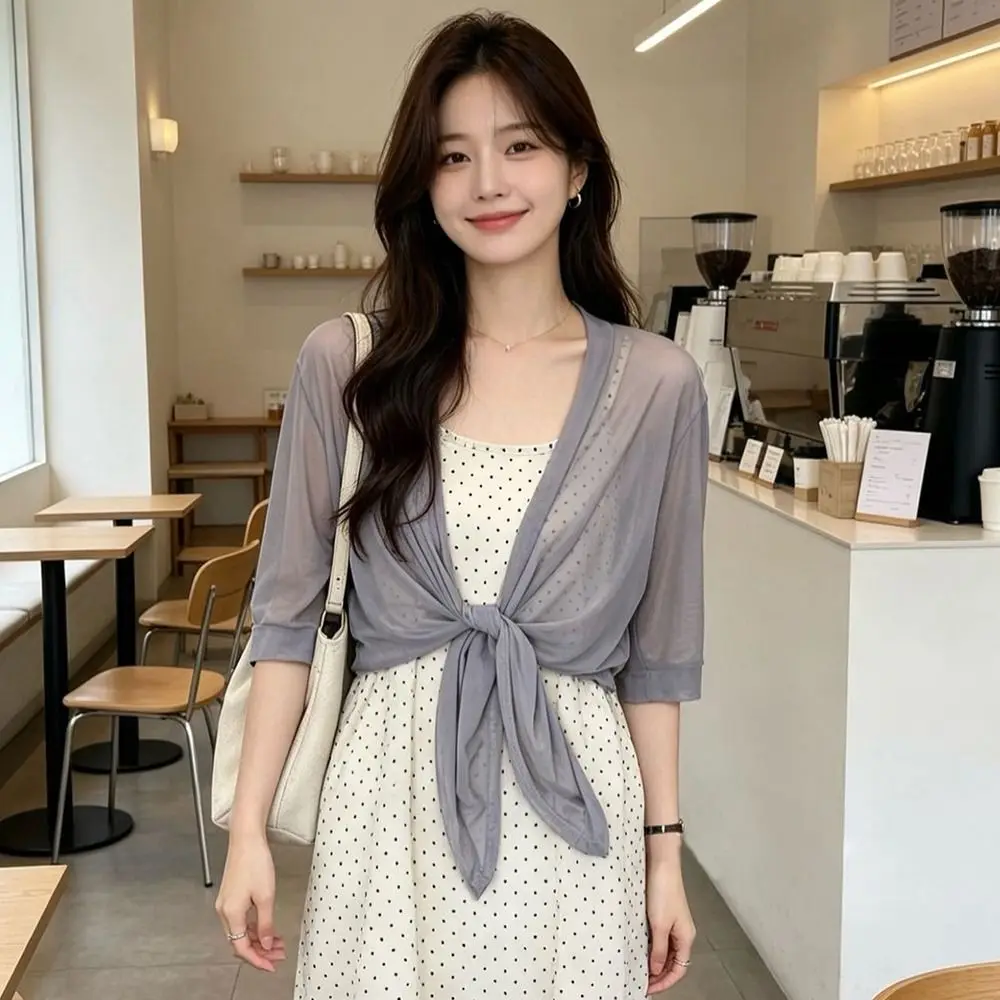 Skin Friendly Mesh Cardigan Shrug Short Plus size Short Cover Up Casual Breathable Lace Shawl Women