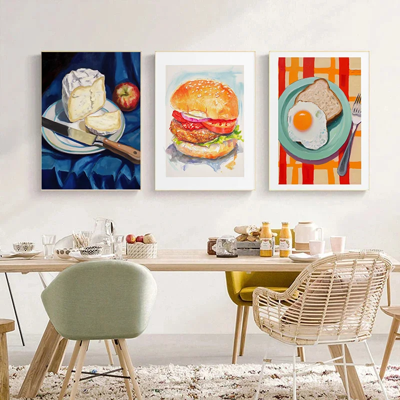 Soup Food Watercolor Hamburg Cheese Gyozas Donuts Sandwich Pie Poster Wall Art Pictures Canvas Painting Room kitchen Home Decor