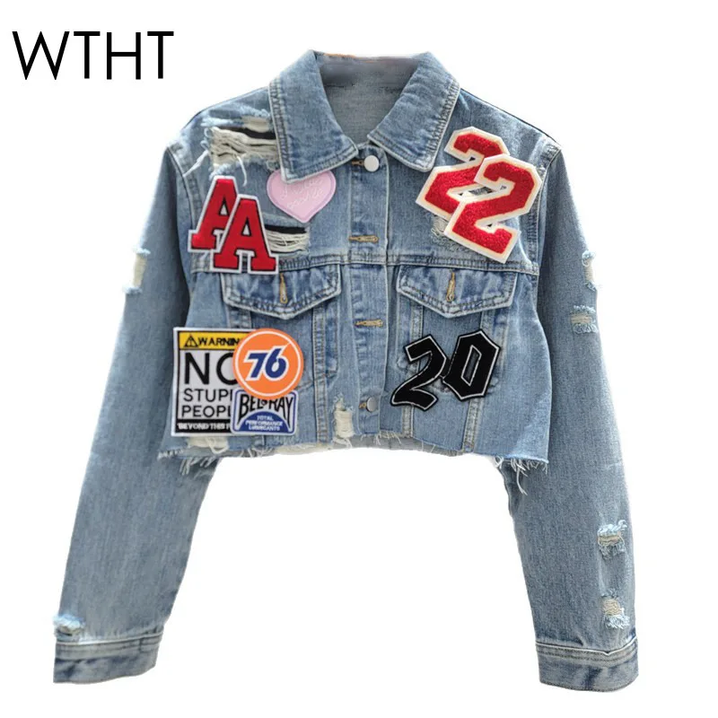 

WTHT Trendy Women's Spliced Badge Design Denim Short Jacket 2025 Summer Fashion New Lapel Long Sleeves Coat Female 1LS2111