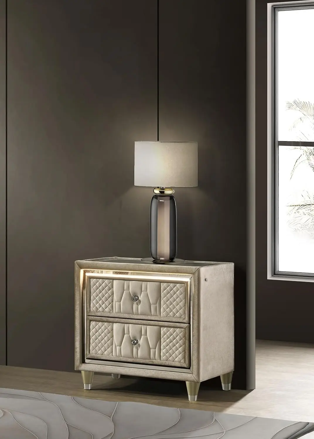 Wood & Velvet LED Nightstand with USB Port Crystal Knobs Felt-Lined Drawer Glass Top Bedroom Ivory, Customized