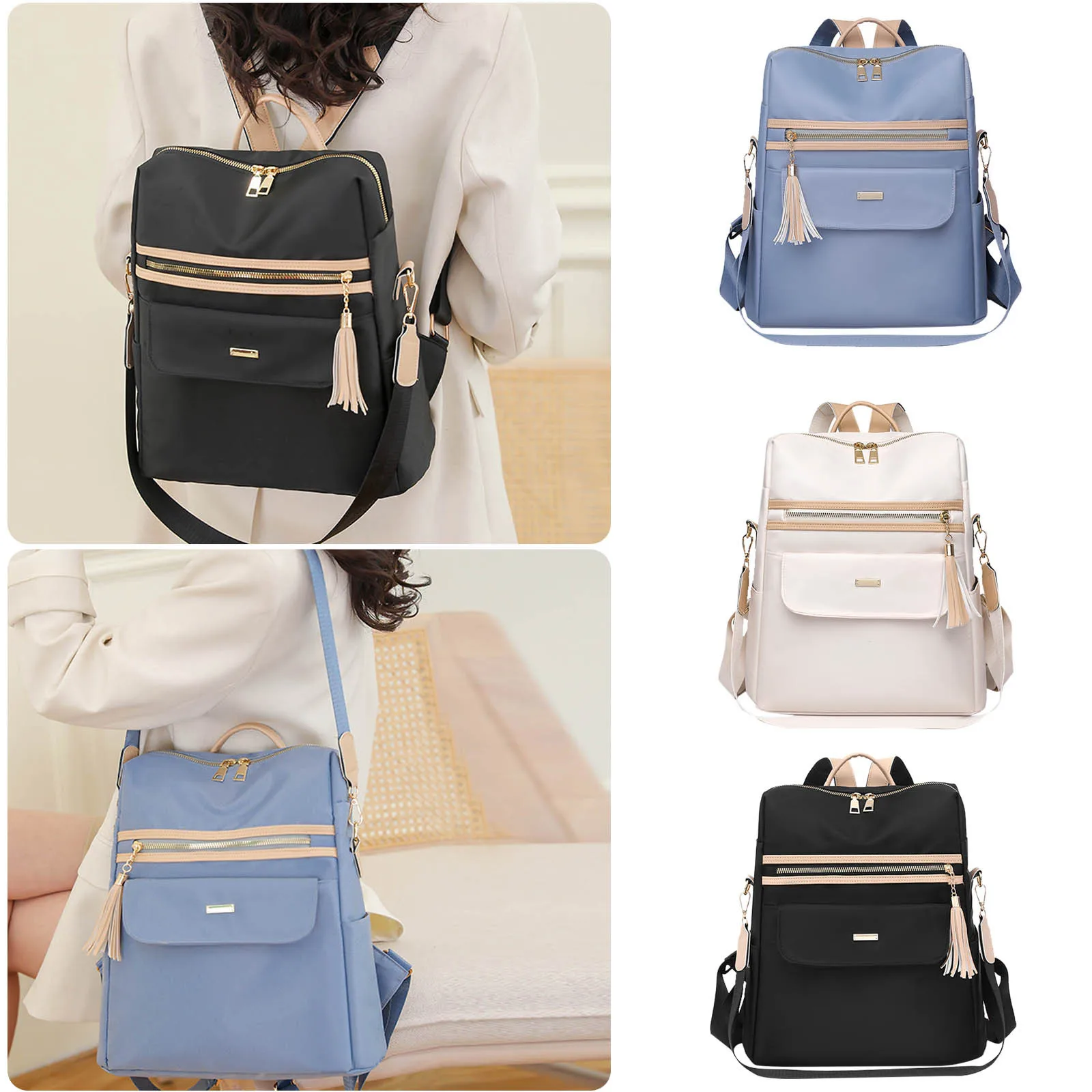 Ladies Oxford Cloth Fashion Backpack Colored Large Capacity Crossbody Dual Use Bag Lightweight Tassel Zipper Waterproof Rucksack