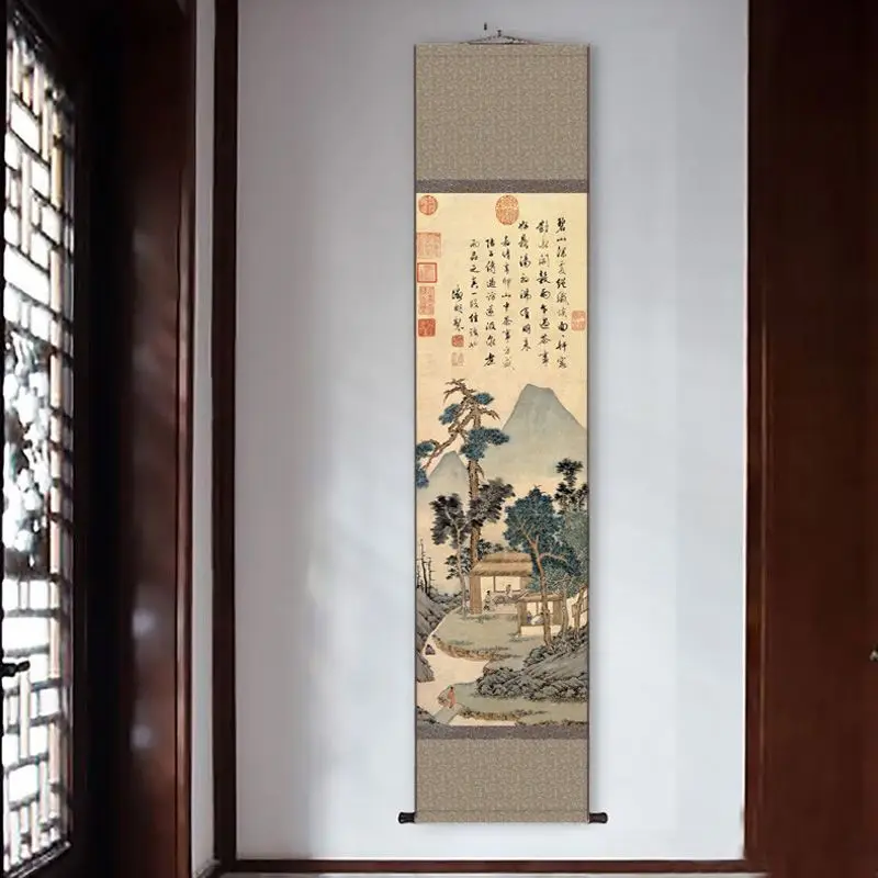Antique‑Style Chinese Three‑Panel Scroll Set,  Landscape Motif, Auspicious Oriental Wall Hanging Decor for Living Room Tea Room