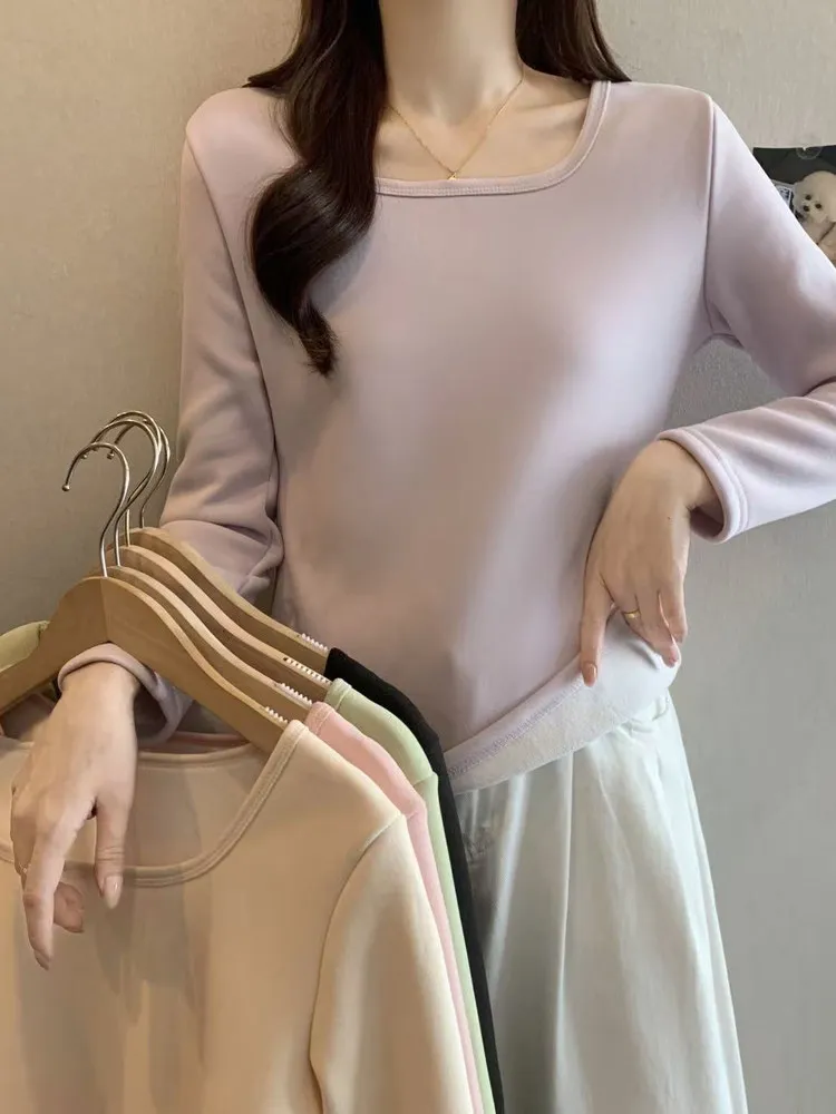 

Thickened Lamb Velvet Warm Underwear Long Sleeve Women's Fleece Lined Inner Wear Base Shirt plus Size Autumn Winter Top