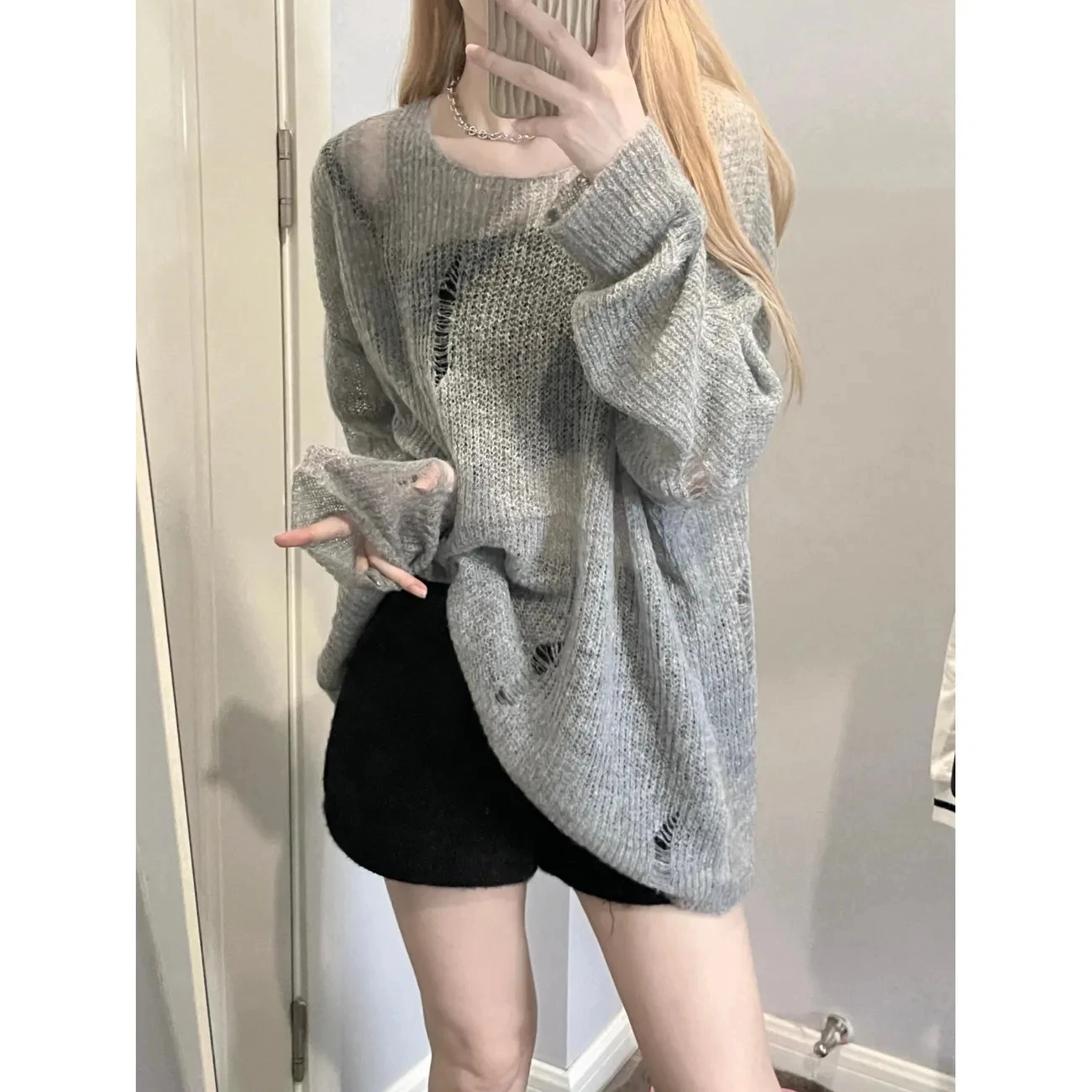 Gray Raglan Hoodie Thin Sweater Autumn and Winter Women Long Sleeve Knit Loose Sunscreen Retro Casual