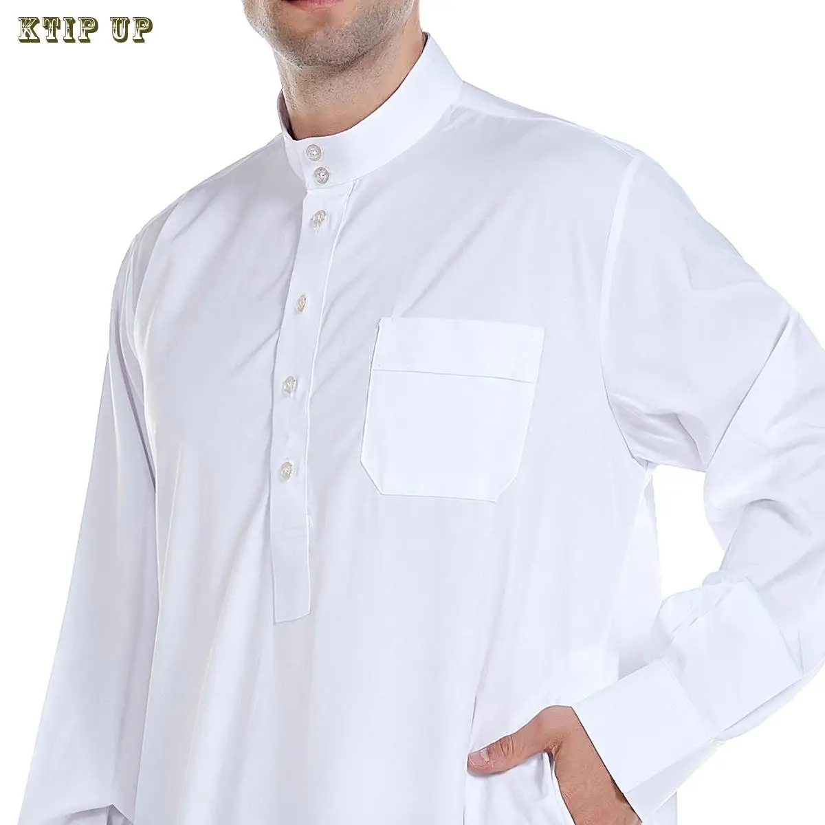 Moslim Robe Wit Gele Mannen Caftan Lange Mouw Ronde Knoop Moslim Kleding Ademend Eid Midden-Oosten Jubba Thobe Geschenk Arabisch