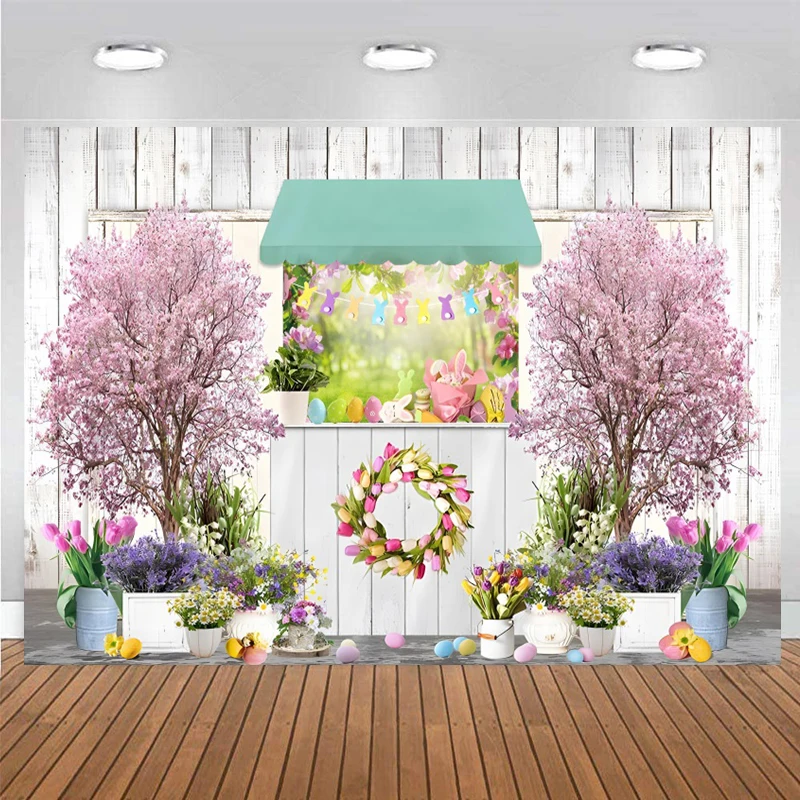 

Easter Shop Backdrops for Photography 2024 Spring Flowers Bunny Rabbit Eggs Party Photoshoot Decorations Banner Photo Background