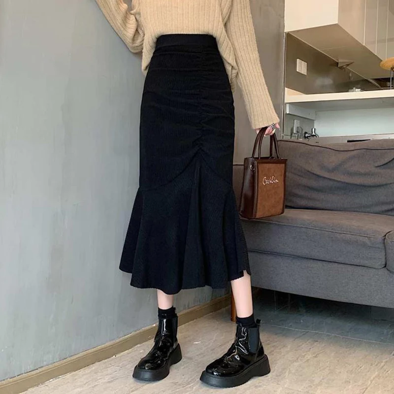 Corduroy Fishtail Skirt for Women 2024 Spring Elegant Ruffle Ruched Midi Skirts Woman Fashion Slim Fit High Waist Skirt Female