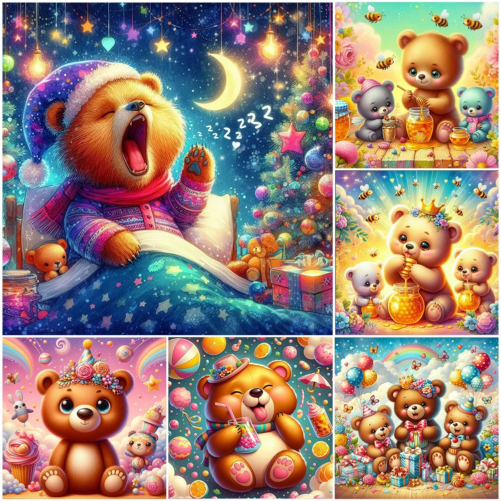 5D DIY Cute Waking Bear Sweet Bee Honey Cartoon Art DIY Hand Diamond Painting Mosaic Cross Stitch Modern Home Wall Decor Gifts