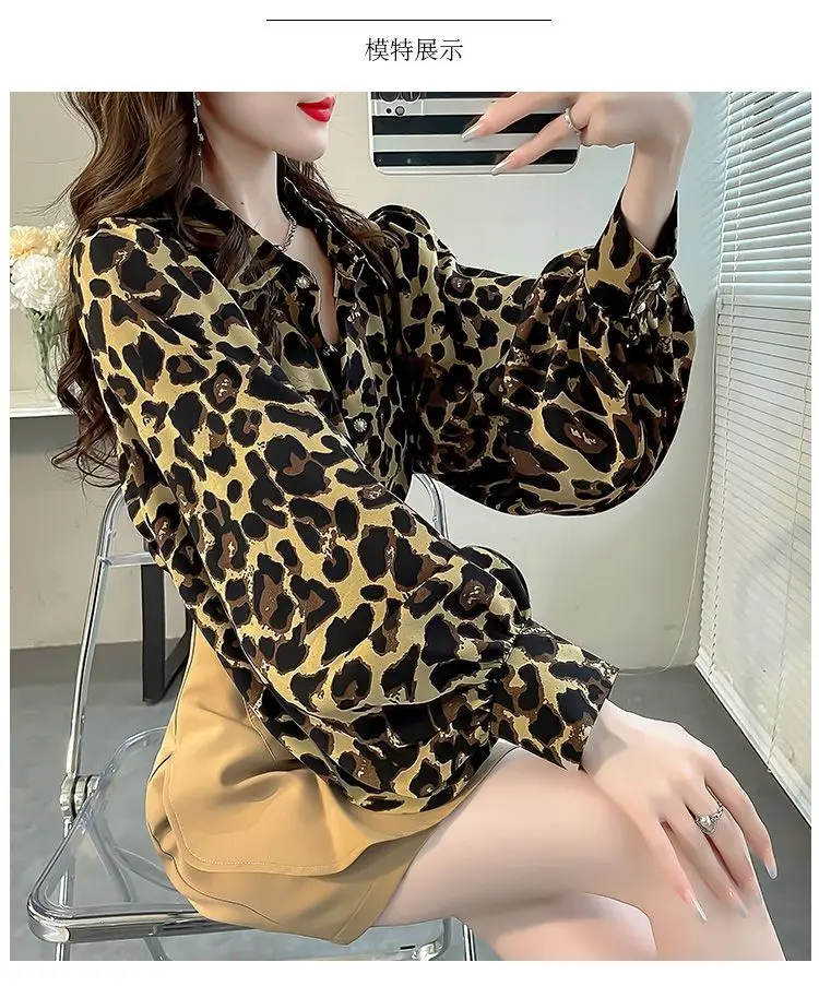 Printed Leopard Print Fashion Top for Autumn Women\'s Clothing New Slimming Lantern Sleeve Shirt Chiffon Temperament Shirt Women