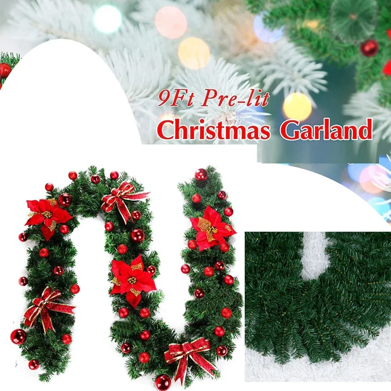 1 Piece 9 Feet Garland Christmas Decorations With Berries And Pine Cones For Front Door Green+Yellow