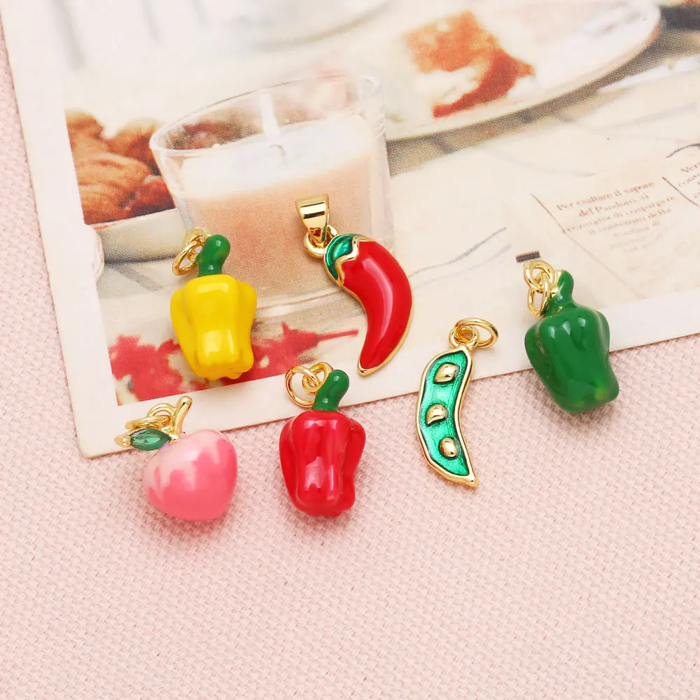 OCESRIO Multicolor Enamel Chili Charms for Bracelet Copper Gold Plated Pea Vegetables Jewelry Making Accessories chma331