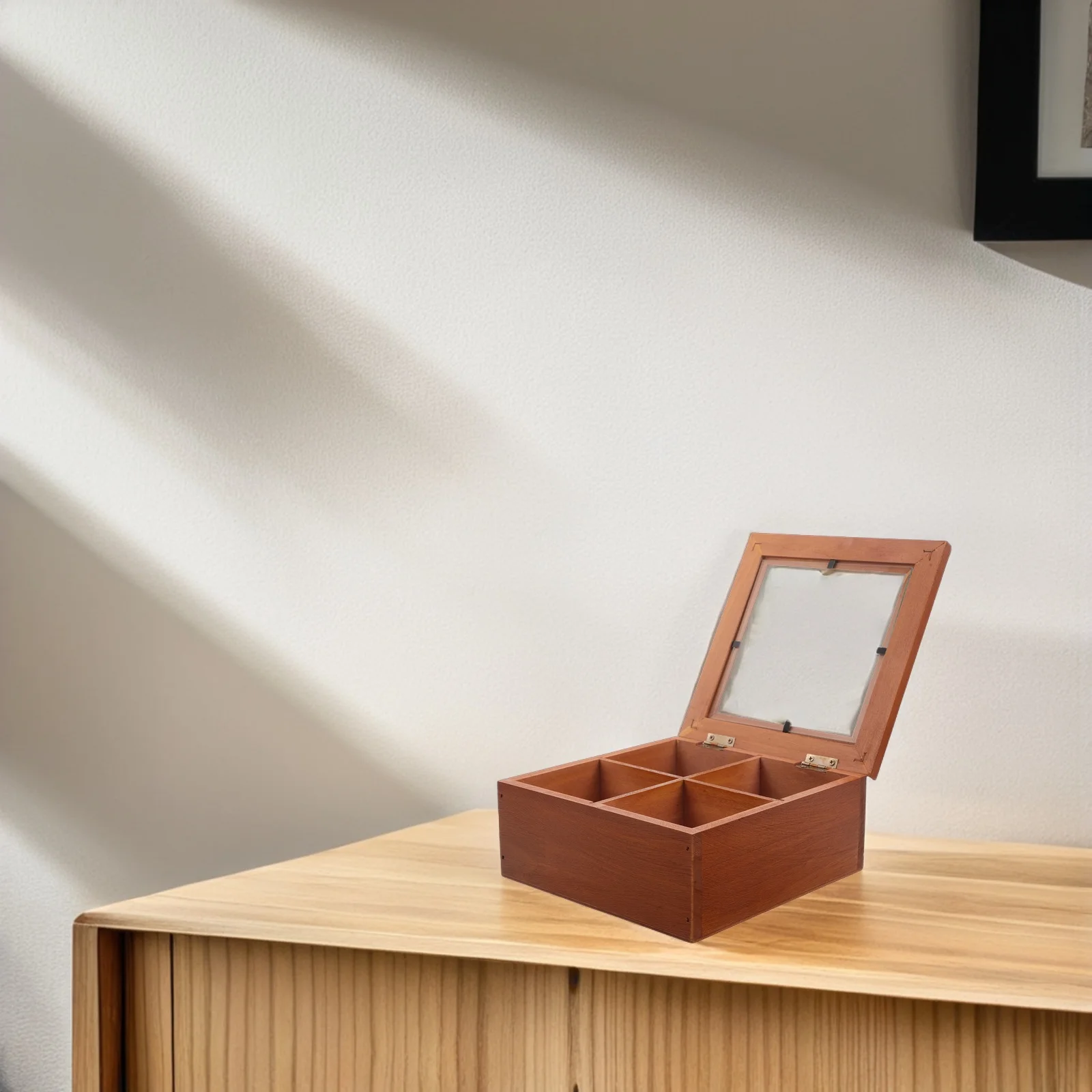

Solid Wood Storage Box Countertop Jewelry Case Trinket Tea Organizer Display 4 Grid Chest Wooden Bag Dispenser