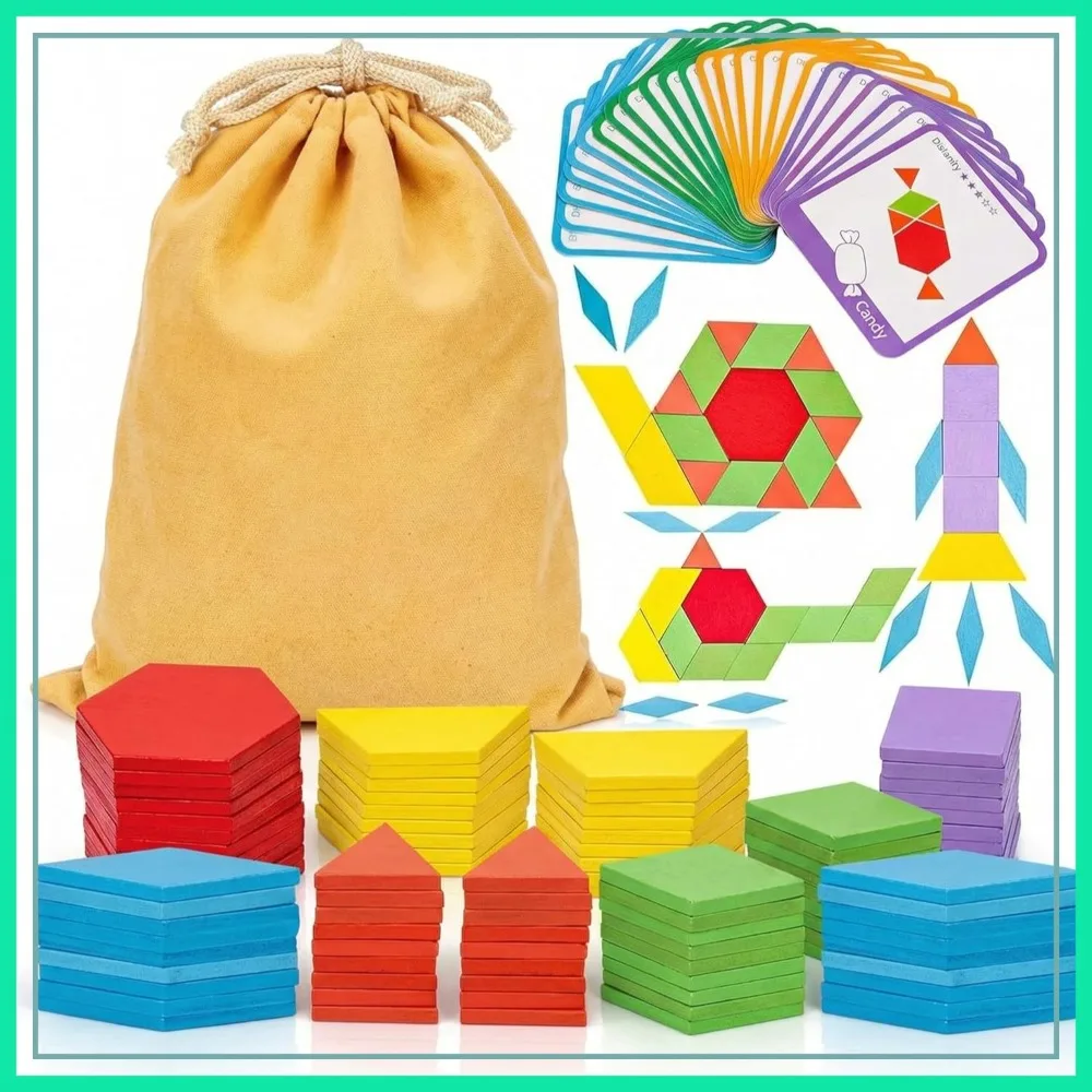

209 PCS Wooden Pattern Blocks Set with Activity Cards & Storage Bag, Educational Tangram Puzzles, Great Learning Gift