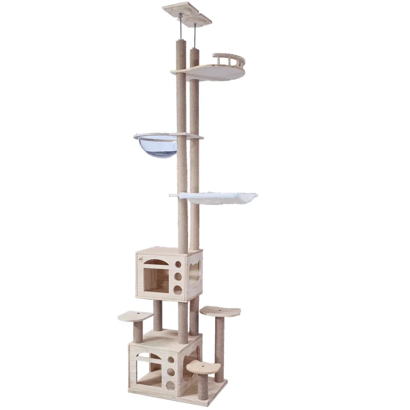 إطار تسلق القطط، عمود Tongtian مزدوج من الخشب الصلب المتكامل، منصة القفز على شكل شجرة القطط، لعبة القطط، مخالب الطحن