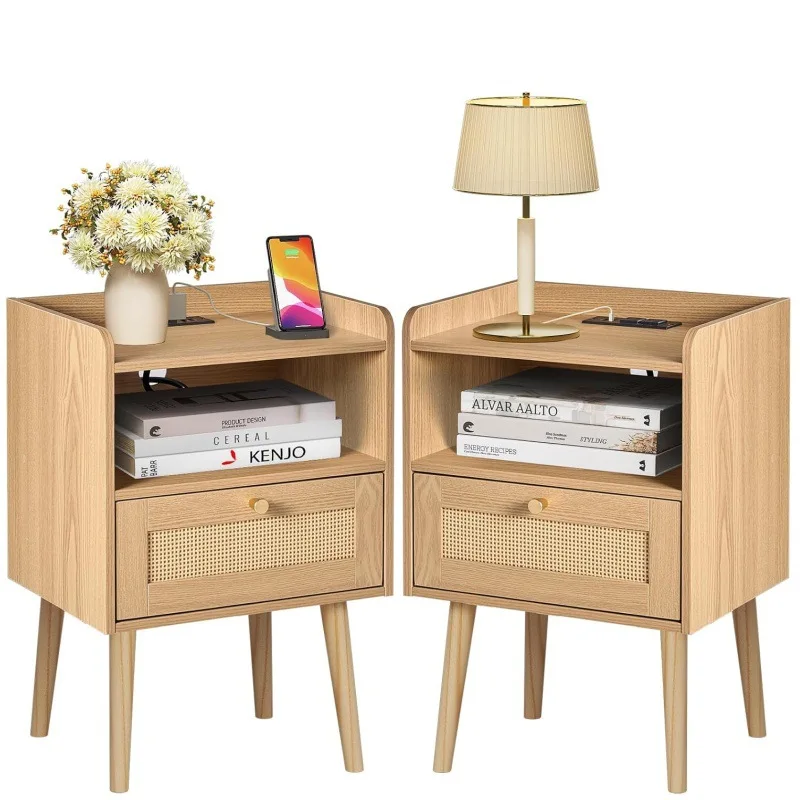

Rattan wooden leg bedside table with charging station, mid-century modern bedside table, farmhouse bedroom living room