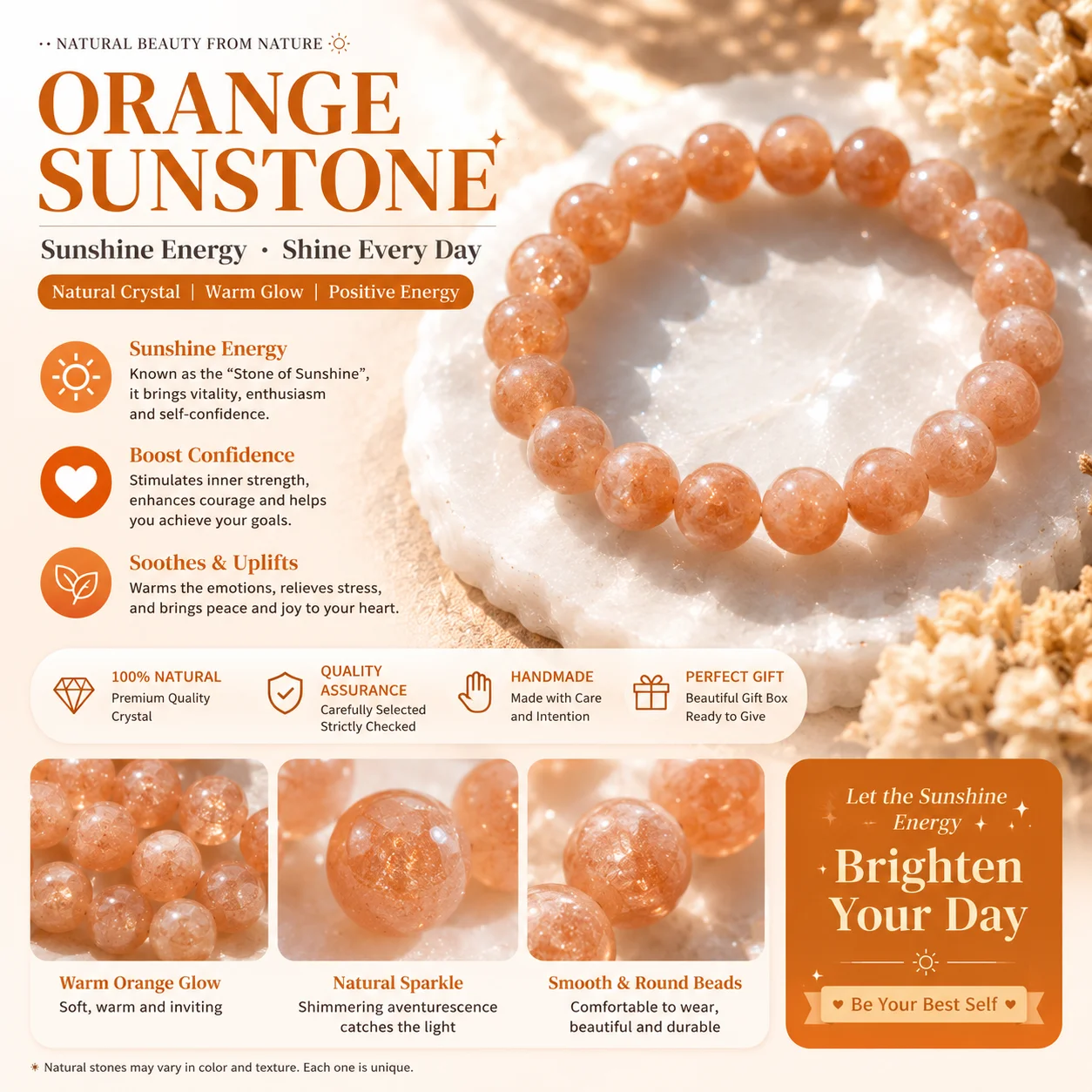 

Orange Sunstone Bracelet Natural Crystal Beaded Bracelet Positive Energy Healing Stone Handmade Jewelry Gift for Women Men