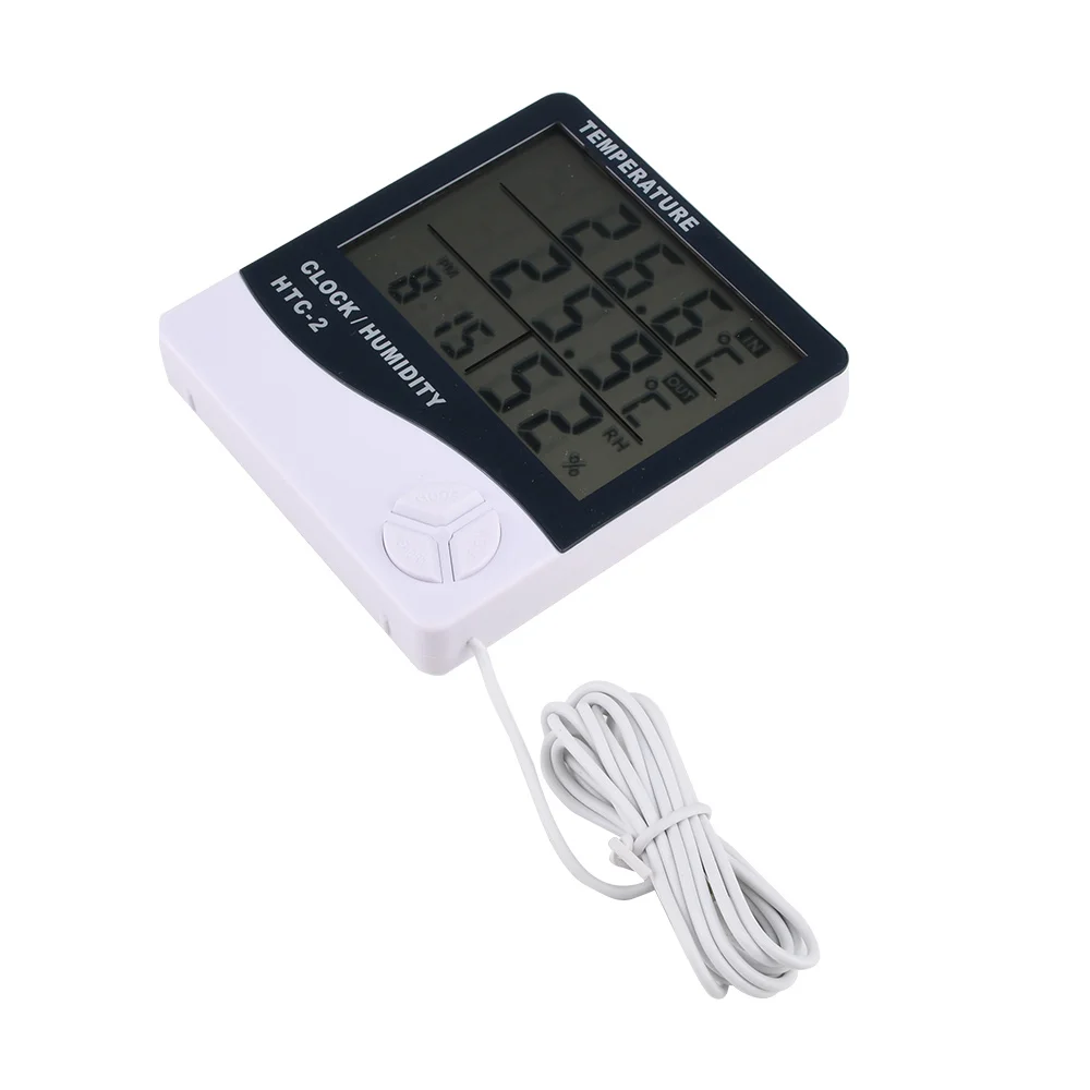 LCD Electronic Digital Temperature Humidity Meter HTC-2 Indoor Outdoor Thermometer Hygrometer Weather Station Clock Monitor