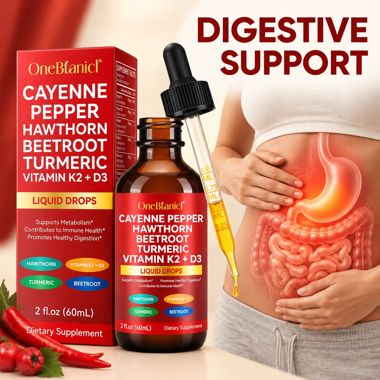 Cayenne Pepper Liquid Drops Maintain The Gastrointestinal Tract Promote Digestion Enhance Metabolism Naturally Organic 60 ML