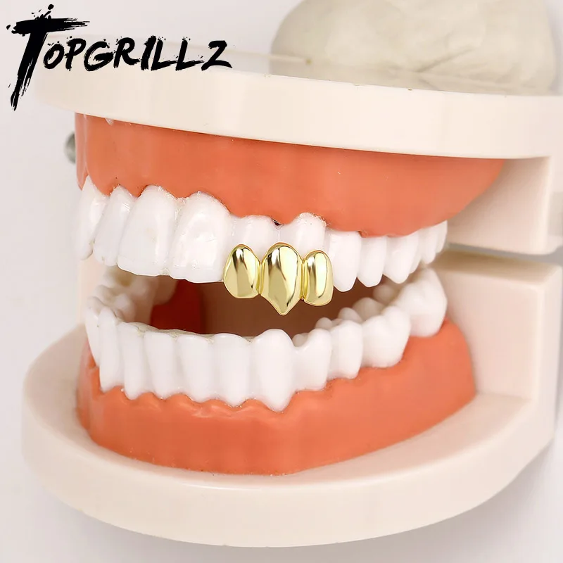 TOPGRILLZ Hip Hop Glossy Teeth Grillz Fangs Punk 3 Tooth Caps For Women Men Jewelry Halloween Cosplay Gift Dental Grills