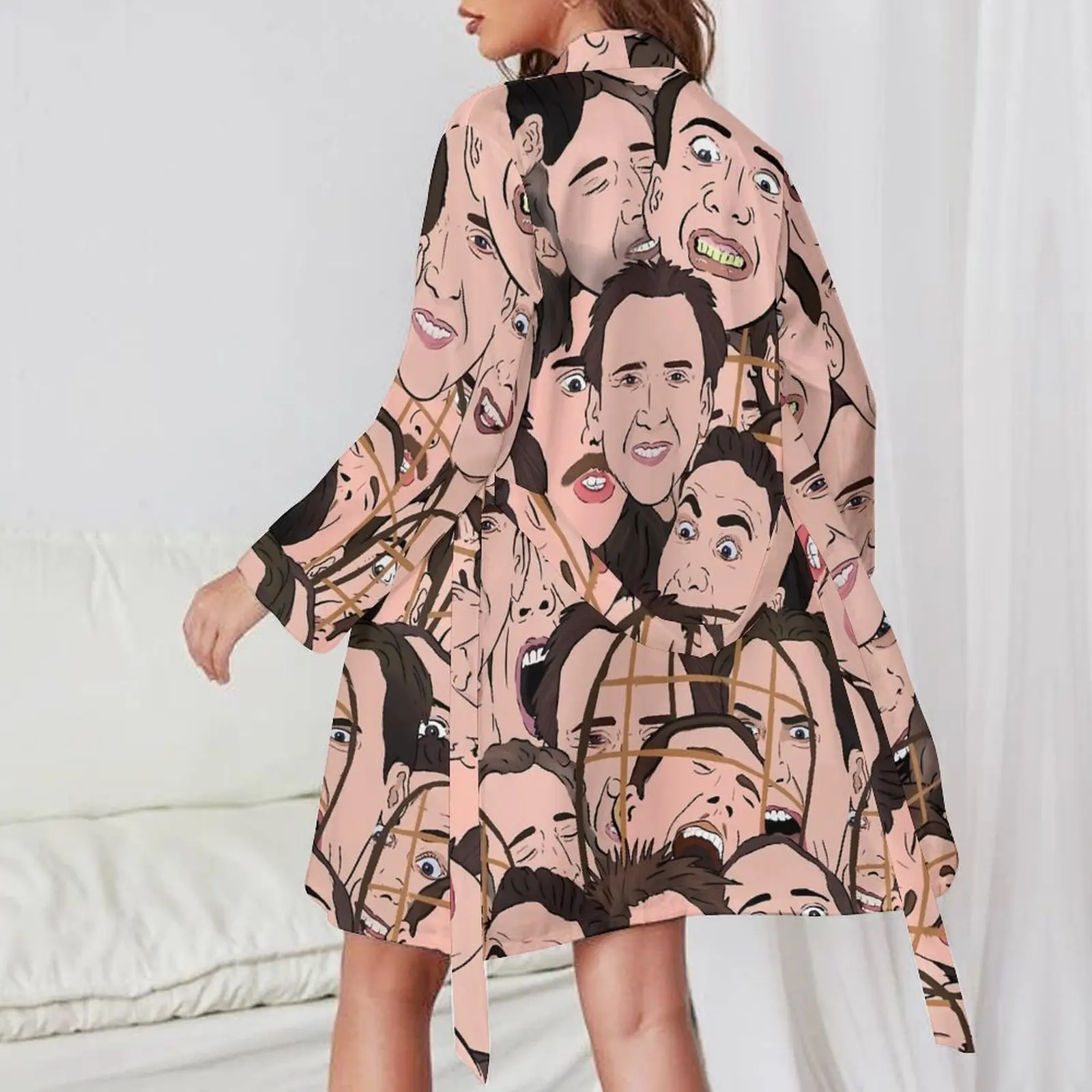 Nicolas Cage Pajama Robe Funny Face Print Long Sleeve Cute Pajamas Robes Womens V Neck Sleep Bathrobe Spring Design Dress