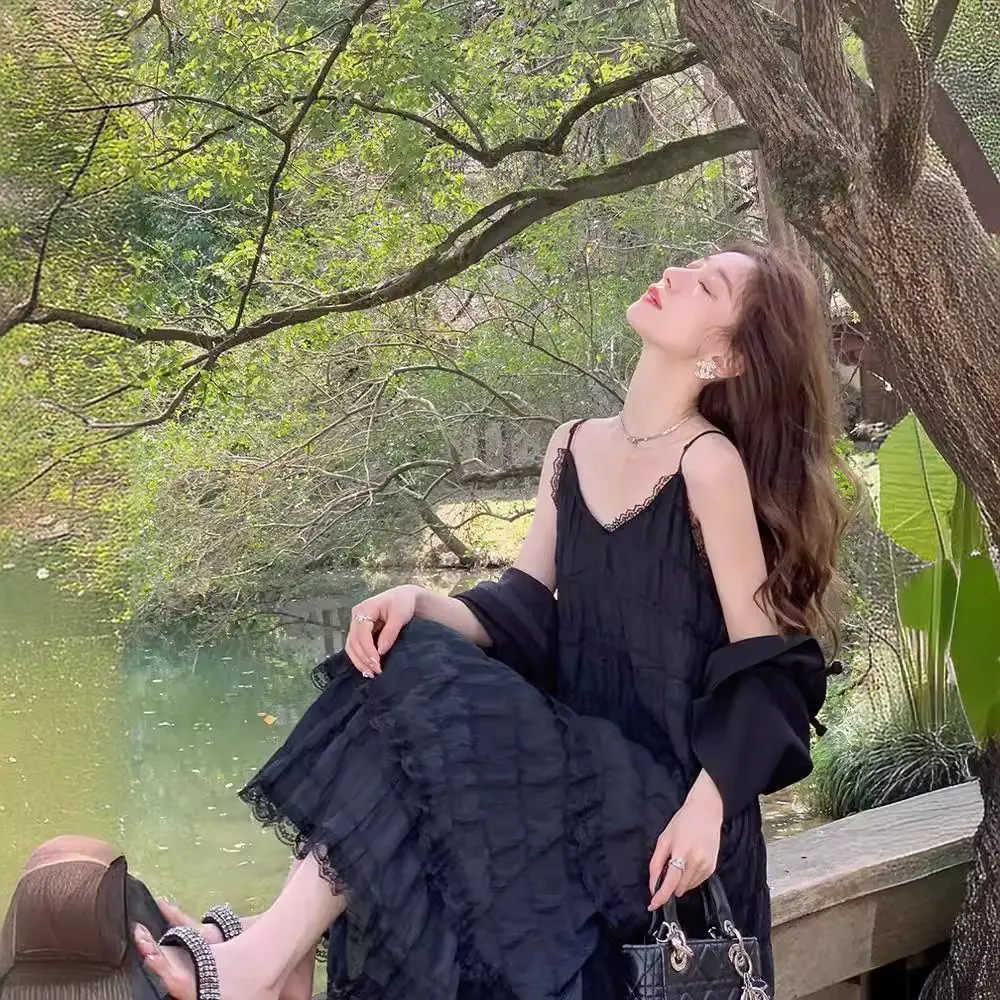 فستان كاجوال بحزام سباغيتي من الدانتيل فستان مكشكش بدون أكمام فستان مناسبات ملابس نسائية فضفاضة للنساء والفتيات #1