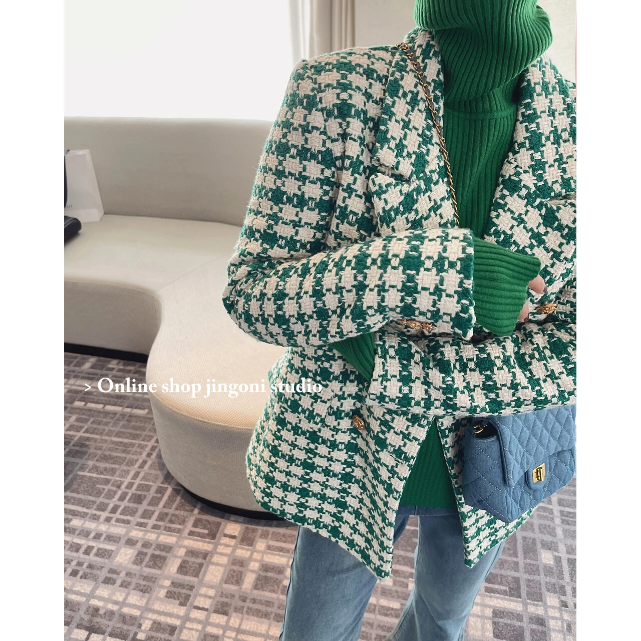 2022 Winter Green Plaid Women Trench Coats Heavy Woolen Tweed Jackets Blazer New Korean Fashion Clothes Y2k Urban Chic Overcoat