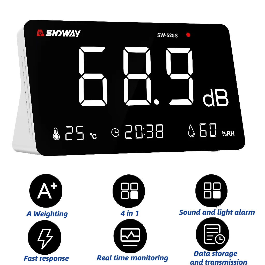 SW525S 4-in-1 digitale geluidsniveaumeter met temperatuur en vochtigheid – meet 30 ~ 130 dB decibelniveaus