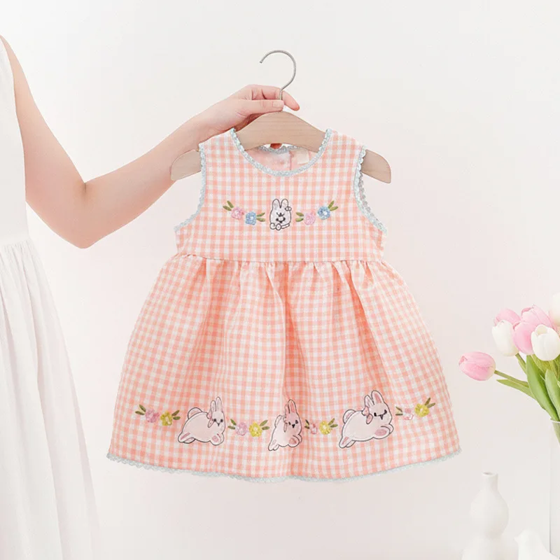 

2026 Summer New Round Neck Color blocked Embroidered Cute Cartoon Rabbit Checkered Tank Top Skirt