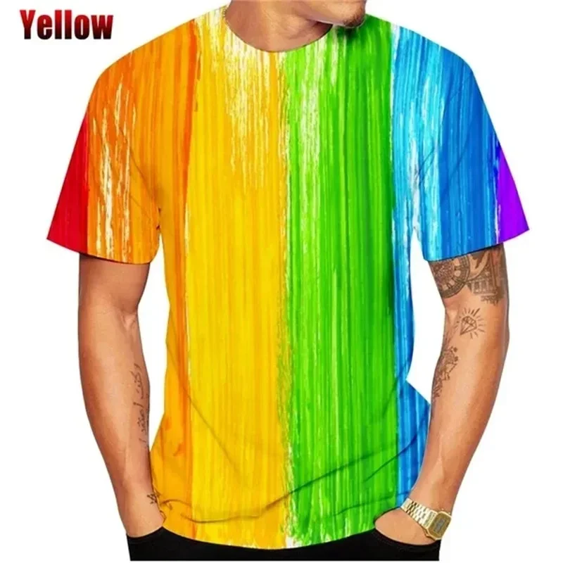 Camiseta estampada com padrão colorido de arco-íris 3D masculina, tamanho grande, personalizada, simples, tendência Hip Hop, manga curta, elegante